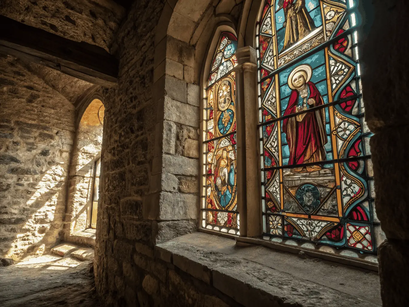 A photograph showcasing the restored stained glass windows of Naillat's church, illuminated by sunlight, highlighting the vibrant colors and intricate details.