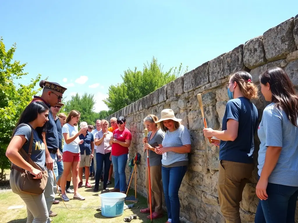 A photograph showcasing volunteers cleaning and restoring a section of the Naillat church's exterior stone wall, with tools and scaffolding visible. The image should convey a sense of dedication and community involvement in preserving the historical structure.