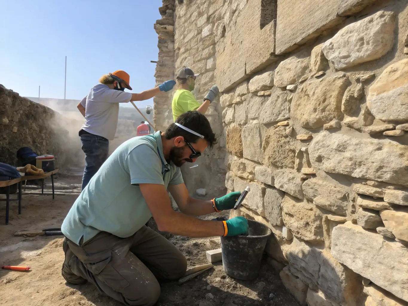 A photograph showing participants at a workshop learning traditional craft techniques related to heritage preservation, such as stone carving or stained glass restoration. The image should highlight the hands-on nature of the workshop and the transmission of traditional skills.