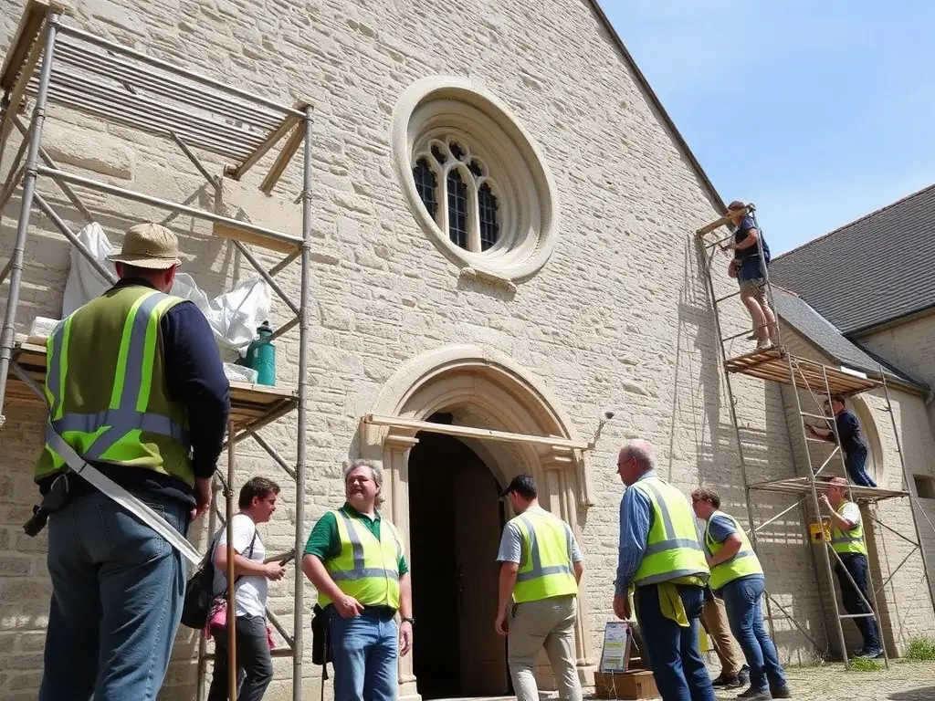 A photograph showcasing volunteers cleaning and restoring the exterior stone walls of the historic church in Naillat, emphasizing community involvement and hands-on preservation efforts.