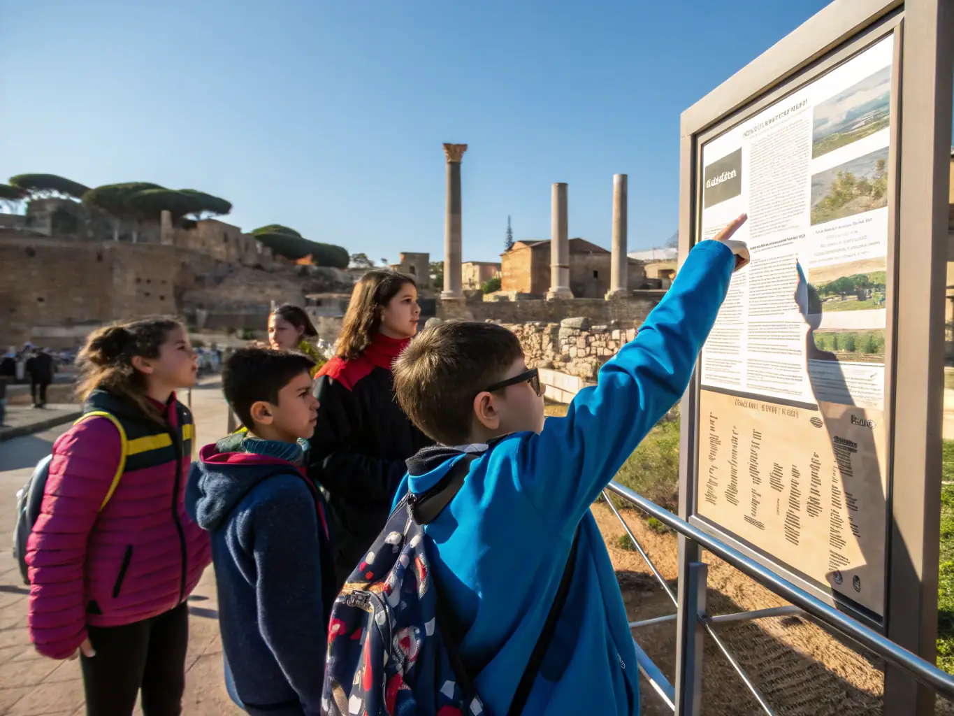 A photograph depicting a group of local students participating in a guided tour of historical sites in Naillat, led by a knowledgeable guide. The image should capture the students' engagement and interest in learning about their local history.